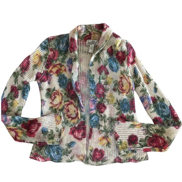 Lucky Brand Vintage Mohair Floral Cardigan Y2K Sweater Small Zip Knit - Picture 1 of 3